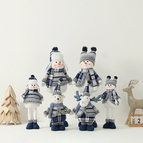 Ornamenti Peluche Natale Plaid Blu Bianco Pupazzo Neve Renna Orso Polare Pinguino Decorazione Invernale Tessuto Maglia