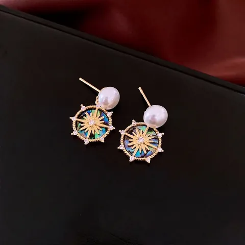 Vintage Sternen Künstliche Perle Hängerohrringe 18K Vergoldet Kupfer Mit Silbernem Ohrstecker Abalone Muschel Zirkon Für Damen