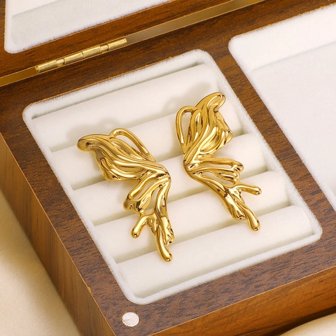 Stainless Steel Butterfly Wing Stud Earrings 18K Gold Plated Liquid Metal Molten Gold Style Niche Design For Women