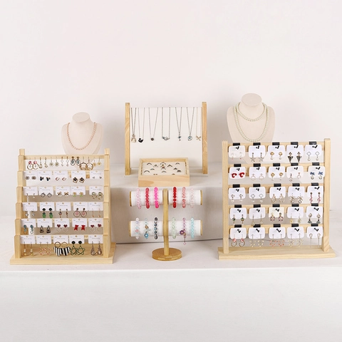 Solid Wood Jewelry Display Stand Earring Rack Necklace Holder Bracelet Organizer Ring Tray Desktop Rack