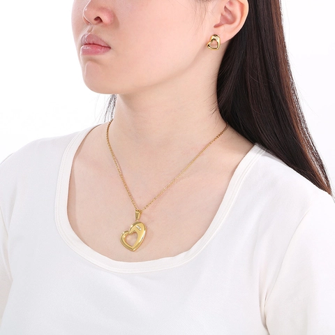 Collar De Corazón Y Pendientes De Acero Inoxidable Joyería De Diamantes De Imitación Para Mujeres Elegante