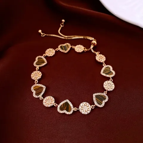 Vintage Heart Tiger Eye Bracelet 18K Gold Plated Copper Starburst Cubic Zirconia Adjustable Pull Buckle Jewelry For Women