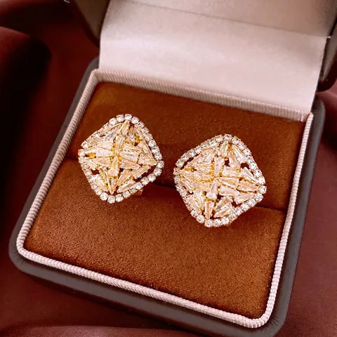 Elegant Geometric Square Zircon Stud Earrings With Silver Earring Post Luxury Copper Jewelry For Women