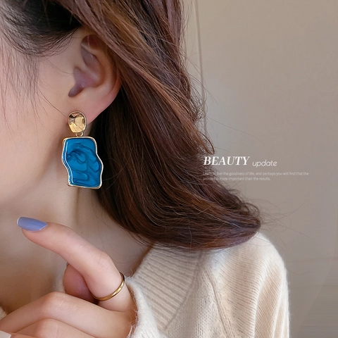 Irregular Geometric Dangle Earrings With Silver Earring Post Blue Oil Painting Style Retro Artistic Jewelry For Women