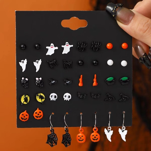 Halloween Legierung Spooky Geist Kürbis Totenkopf Spinne Fledermaus Ohrstecker Set Mit Edelstahl Ohrstecker-Stift Für Damen Schmuck