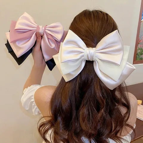 Oversized Bow Hair Clip French Style Satin Organza Double Layer Spring Barrette Elegant Hairpin For Women
