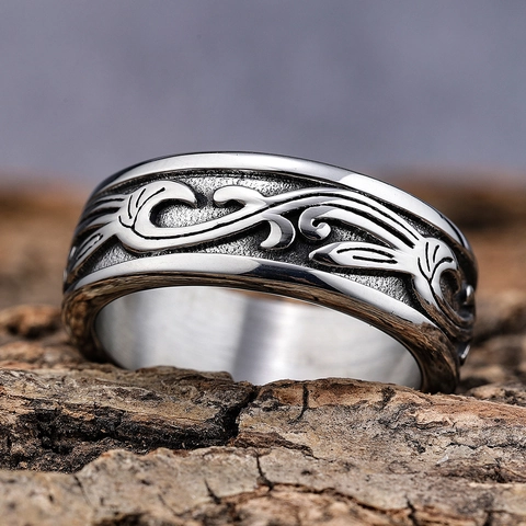 Vintage Engraved Vine Pattern Stainless Steel Ring Solid Band Retro Antique Silver Scroll Jewelry For Men Women