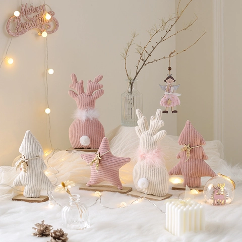Árbol Navidad Estrella Alce Gnomo Decoración Mesa Rosa Blanco Tela Pana Base Madera Adorno Festivo Estilo Nórdico