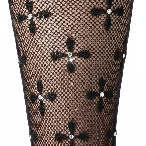 Women Sexy Black Fishnet Tights With Rhinestone Cross Pattern Gothic Nylon High Stretch Stockings