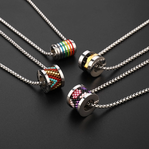 Cylindrical Pendant Necklace Titanium Steel Roman Numerals Colorful Glass Rice Beads Rainbow Enamel Trendy Jewelry Unisex
