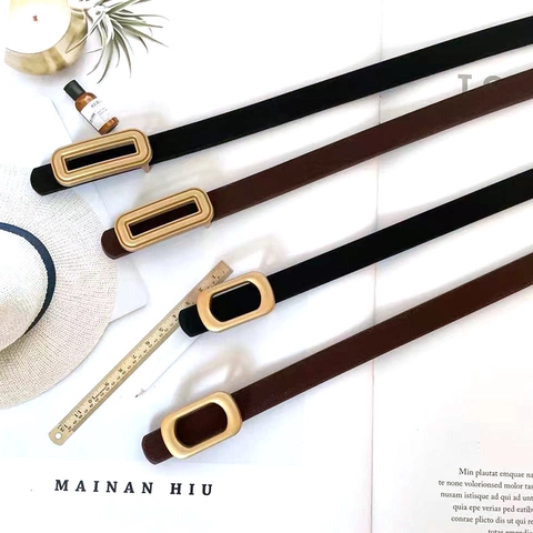Women Thin Faux Leather Belt Retro Simple Adjustable Waist Strap With Gold Square Oval Metal Buckle For Jeans Dresses