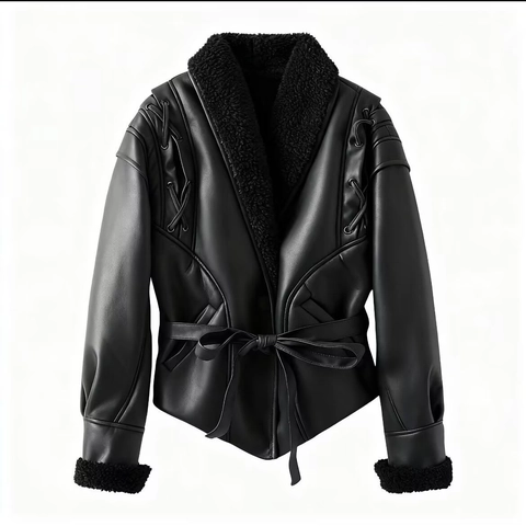 Chaqueta De Cuero Sintético Vintage Para Mujer Con Ribete De Piel Sintética Cinturón Y Cordones En El Hombro