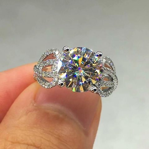 Bague En Cuivre Et Zircon Luxe Pierre Ronde Classique Sertissage Quatre Griffes Pavé Pour Femme Mariage Bijoux