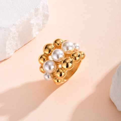 Anello Multistrato In Acciaio Inossidabile Placcato Oro Con Perla Artificial Imitazione E Perline Di Metallo Per Donne