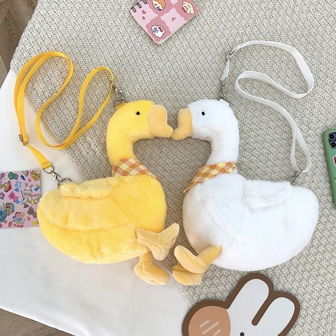 Plush Goose Crossbody Bag Cartoon Duck Shoulder Bag With Plaid Scarf Cute Animal Shaped Messenger For Women Girls