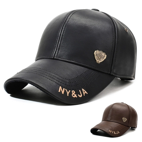 Heren PU Leren Baseballpet Met Metalen Schild Embleem En Borduurwerk Verstelbare Outdoor Mode Hoed