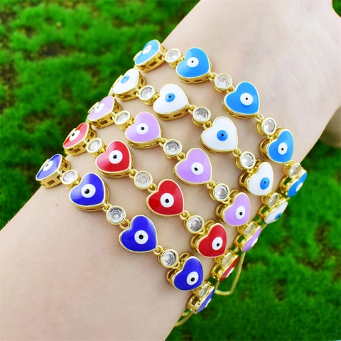 Mode Kupfer Emaille Böser Blick Herz Armband Vergoldet Zirkonia Verstellbare Box Kette Schmuck Für Damen