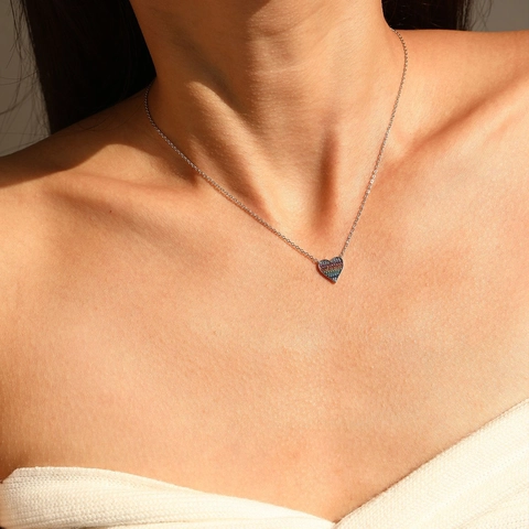 925 Sterling Silver Rainbow Heart Pendant Necklace For Women Sweet Pixel Style Heart Shaped Inlaid Zirconia Clavicle Chain Jewelry Gift