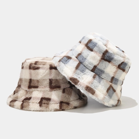 Anglerhut Kunstfell Kariertes Muster Winter Warm Breite Krempe Elegant Lässig Modisch Outdoor Kopfbedeckung Für Damen
