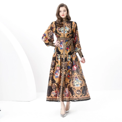 Barok Print Maxi Jurk Lange Mouwen Opstaande Kraag Lantaarnmouwen Elegant Retro Paleis Stijl Polyester Vrouwen