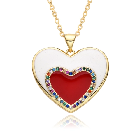 Collier Pendentif Cœur en Cuivre Style Cour Européenne Vintage pour Femmes Bijoux Plaqués Or Émail Strass Micro Incrustés