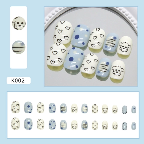 Press On Nails Cute Cartoon Dog Heart Pattern Sky Blue White Short Round Square Artificial Nails For Kids Students Daily Wear