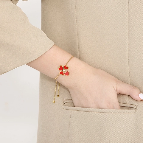 Adjustable Heart Clover Bracelet Stainless Steel Red Enamel Zircon Inset Fashion Jewelry For Women
