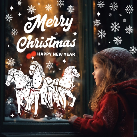 Weihnachtsfensteraufkleber Weiß Schneeflocke Pferd Statische Haftung PVC Glasaufkleber Frohe Weihnachten Neujahr Dekor