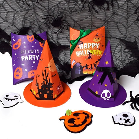 Halloween Süßigkeiten Geschenkbox Hexenhut Form Papier Party Gastgeschenk Boxen Mit Kürbis Geist Schloss Muster Für Feiertage