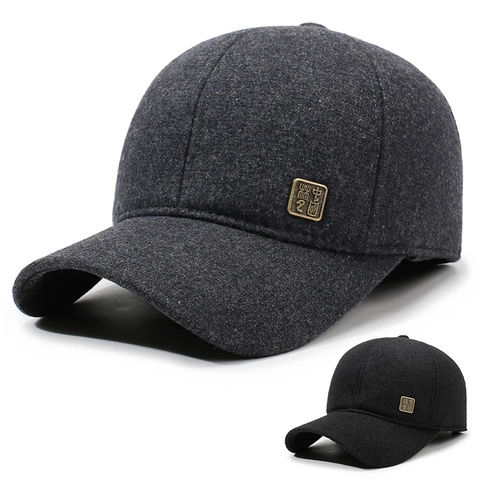 Men Winter Baseball Cap Woolen Blend Warm Ear Protection Windproof Outdoor Casual Adjustable Hat With Square Metal Badge