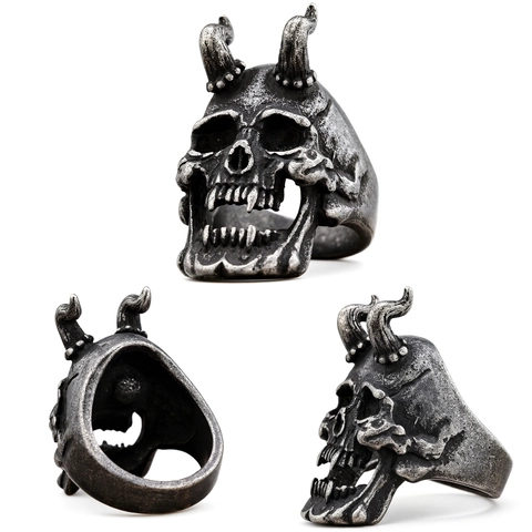 Anillo De Calavera Con Cuernos De Acero Inoxidable Demonio Esqueleto Gótico Punk Biker Estética Oscura Joyería Hombre