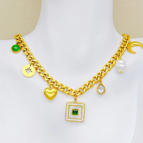 Collar Cadena Gruesa Bohemio Acero Inoxidable Multi Colgante Perla Artificial Concha Turquesa Corazón Flor Mariposa Joyería Vintage