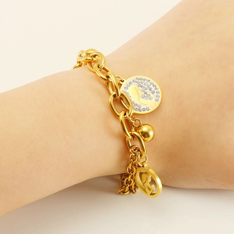 Stainless Steel Layered Charm Bracelet 18K Gold Plated Hollow Portrait Pendant Rhinestone Mother Child Silhouette Fashion For Women
