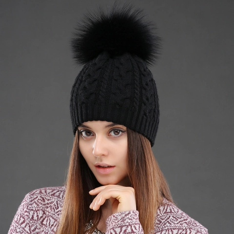 Gorro De Punto De Lana De Invierno Para Mujer Pompon De Piel De Mapache Real Patron De Trenzas Calido Capa Doble