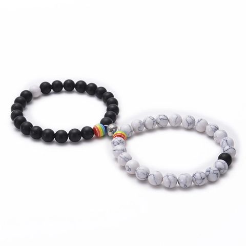 Magnetische Pärchen Armbänder Schwarzer Mattenstein Weißer Howlith Herz Magnetverschluss Regenbogen Freundschaft Schmuck Geschenk