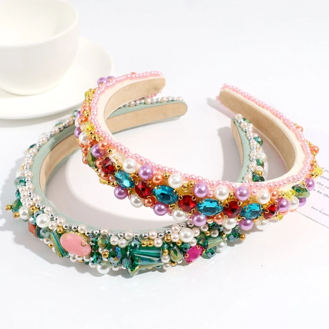 Baroque Rhinestone Artificial Pearl Beaded Headband Padded Fabric Luxury Hair Hoop Wedding Party Accessories For Women Elegant