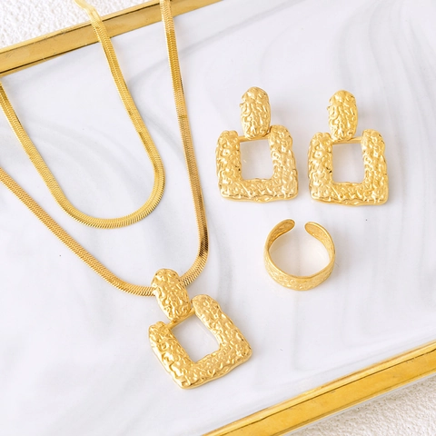 Gold Titanium Steel Hammered Square Pendant Double Layer Snake Chain Necklace Irregular Texture Earrings Open Ring