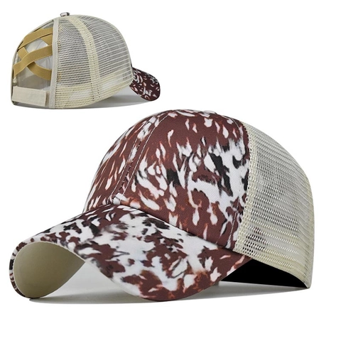 Women Ponytail Baseball Cap Criss Cross High Bun Mesh Trucker Hat Leopard Print Cotton Adjustable Outdoor Sun Protection