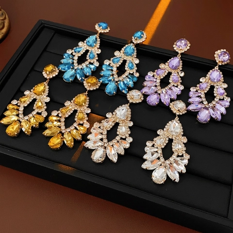 Boucles D'oreilles Vintage Luxe Creuses Goutte D'eau Strass Chandelier Avec Tige En Argent Base De Cuivre Bijoux Femmes