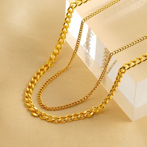 Double Layered Cuban Chain Necklace 18K Gold Plated Stainless Steel Hip Hop Ins Fashion For Women Men