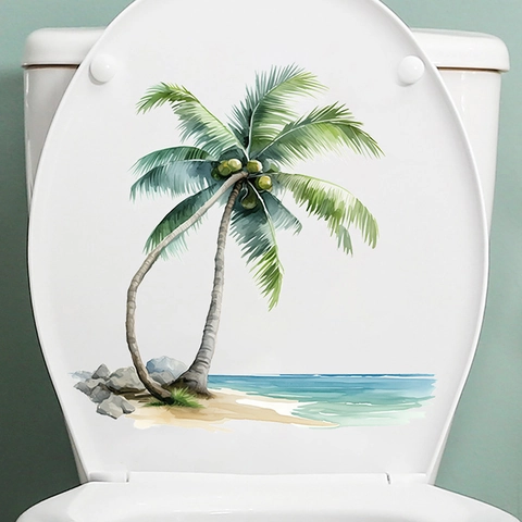 Aquarel Tropisch Strand Kokosnootboom Toiletdeksel Sticker Waterdicht PVC Badkamer Muursticker Zelfklevend Decor