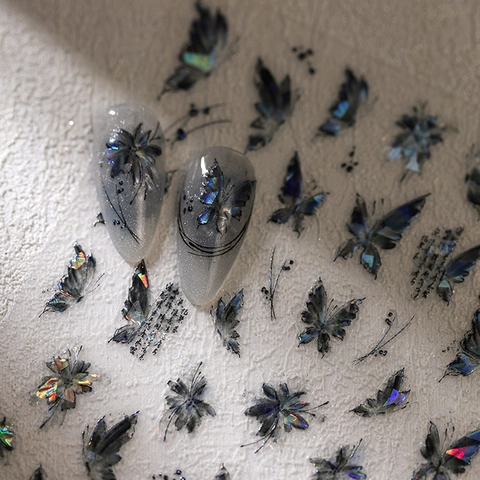 Butterfly Nail Art Stickers Holographic Laser 3D Adhesive Manicure Decals Cracked Glass Effect Ink Style Calligraphy