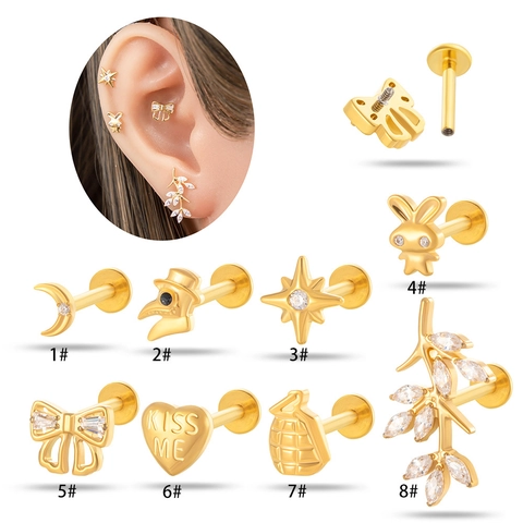 Titanium Labret Stud Oorbellen Interne Schroefdraad Platte Achterkant G23 Titanium Legering Ster Maan Hart Piercing Sieraden