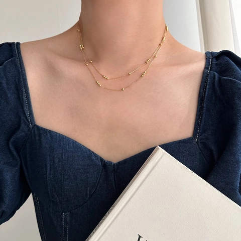 Collana A Doppia Catena Con Perle Tonde In Acciaio Al Titanio Placcato Oro Gioielli Minimalisti Chic Per Donna Elegante
