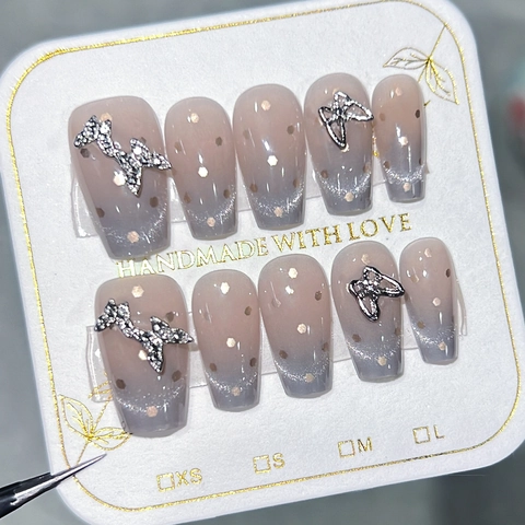 Coffin Press On Nails Cat Eye Farbverlauf 3D Schmetterling Glitzer Handgefertigte Künstliche Nägel Für Frauen
