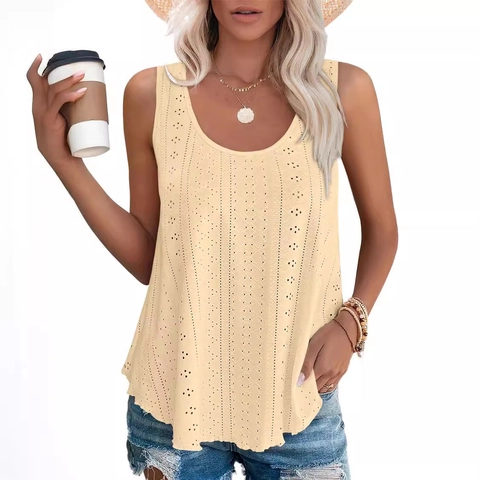 Damen Rundhalsausschnitt Ärmellos T-Shirt Locker Passform Bestickt Lochstickerei Einfarbig Polyester Sommer Lässig Oberteil