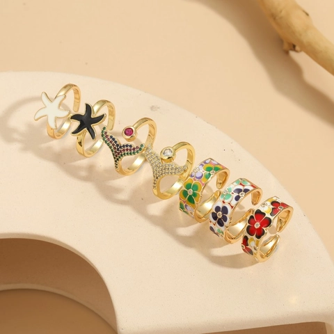 Kupfer Zirkonia Emaille Geometrischer Verstellbarer Offener Ring Für Damen Seestern Fischschwanz Blume Leichter Luxus Gold Fingerring Schmuck