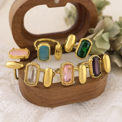 Rectangular Zircon Open Ring Stainless Steel 18K Gold Plated Asymmetrical Geometric Adjustable Vintage Jewelry Women