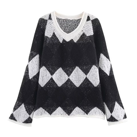 Women V-Neck Argyle Knit Sweater Vintage Contrast Color Sequin Long Sleeve Pullover Soft Warm Jumper Top