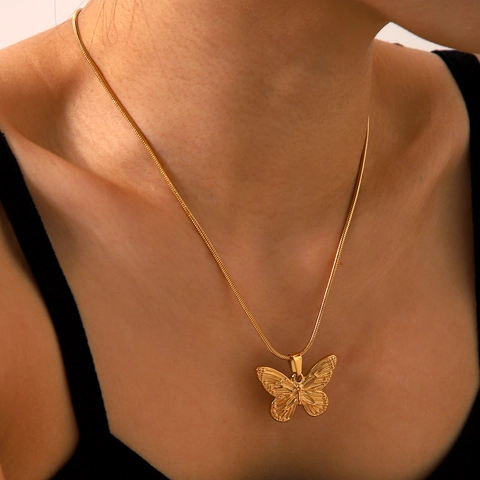 Collar Con Colgante De Mariposa Chapado En Oro De 18K Acero Inoxidable Cadena De Serpiente Joyería De Moda Para Mujer